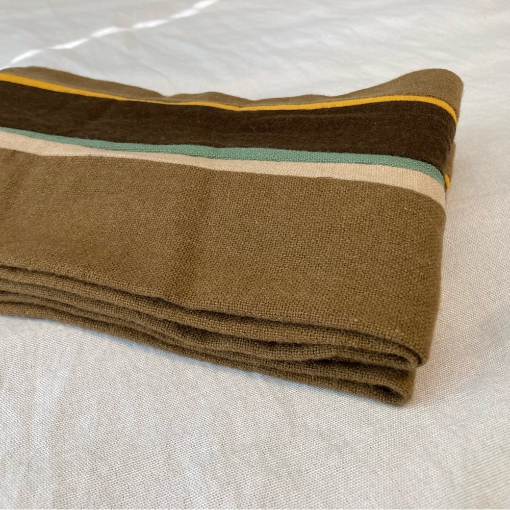 Unknown Brand Scarf, Length 72”, Width 7, Material is like wool. Has holes.